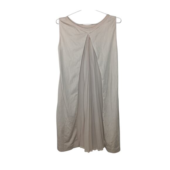 Foxey New York Beige Pleated Front Shift Dress Size 40 Medium Japan Made Pockets - Picture 2 of 14